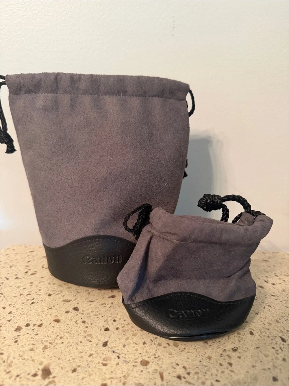 Canon Gray Suede-Look Drawstring Lens Pouches with Black Trim - Set of 2
